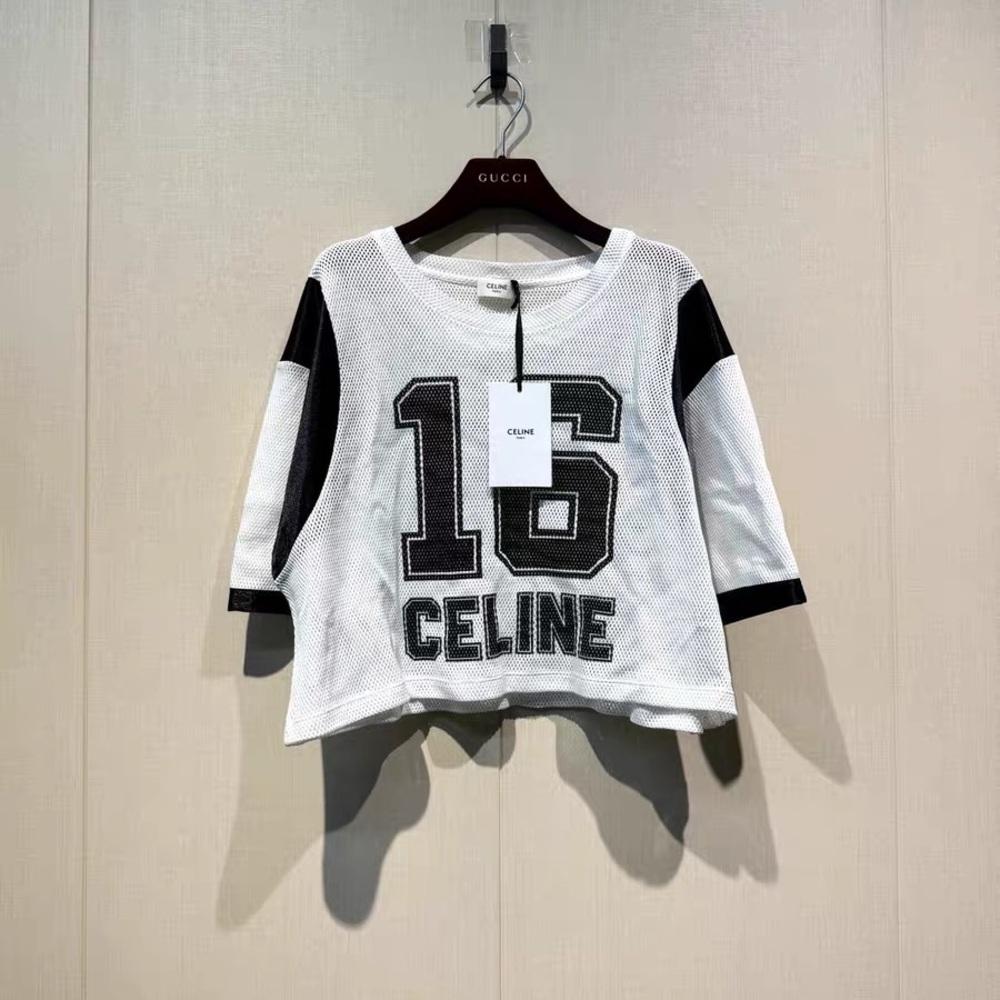 🚩steal authentic Celine White & Black Mesh '16' Jersey Top